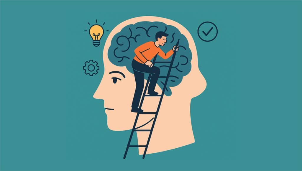 homem subindo escada em frente a cabeça com representação de como ser mais produtivo