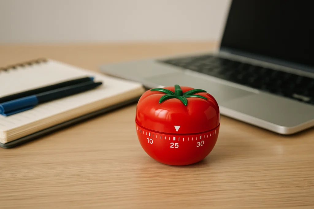 timer para técnica pomodoro em cima de mesa de madeira, com laptop, caderno e canetas.